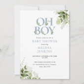 Oh Boy Greenery Dusty Blue QR Code Baby shower Kaart (Voorkant)