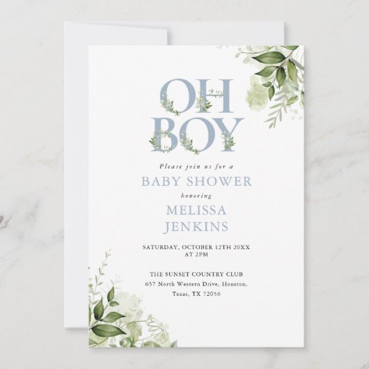 Oh Boy Greenery Dusty Blue QR Code Baby shower Kaart (Voorkant)