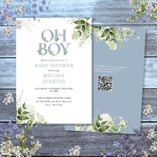 Oh Boy Greenery Dusty Blue QR Code Baby shower Kaart