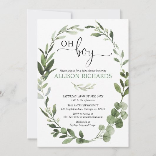 Oh Boy Greenery eucalyptus gebladerte baby shower Kaart (Voorkant)