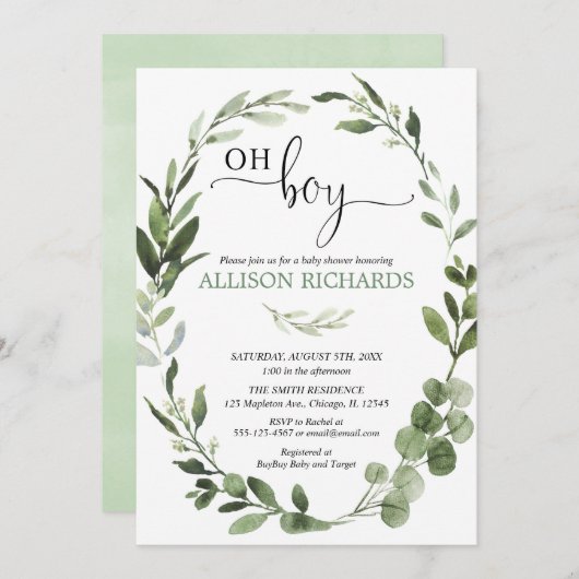 Oh Boy Greenery eucalyptus gebladerte baby shower Kaart (Voorkant / Achterkant)