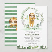 Oh Boy Greenery Floral Cute Sloth Baby shower Kaart (Voorkant / Achterkant)