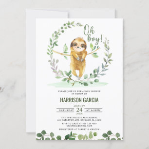 Oh Boy Greenery Floral Cute Sloth Baby shower Kaart