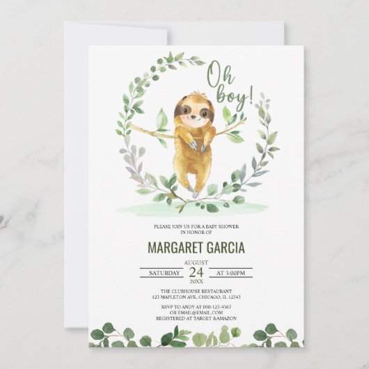 Oh Boy Greenery Floral Cute Sloth Baby shower Kaart (Voorkant)