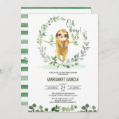 Oh Boy Greenery Floral Cute Sloth Baby shower Kaart (Voorkant / Achterkant)