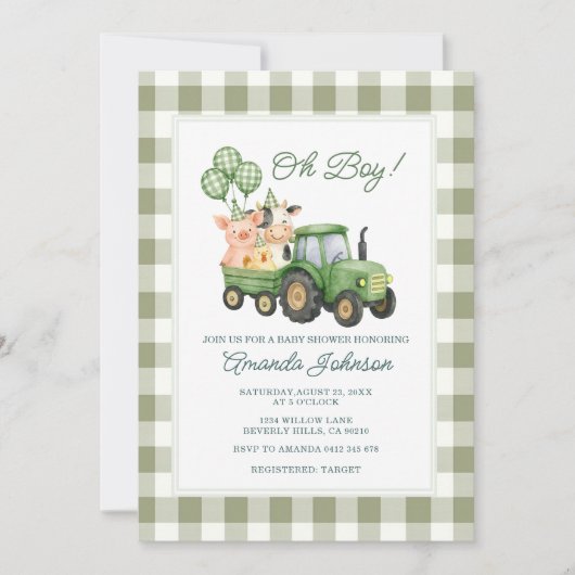 Oh Boy Groene Tractor Baby Shower Uitnodiging (Voorkant)