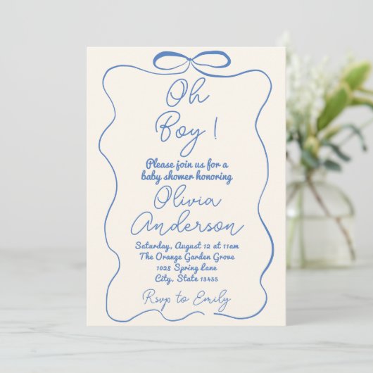 Oh Boy Hand Drawn Geschreven Blue Boy Bow Baby sho Kaart (Staand voorkant)