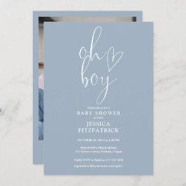 Oh Boy Heart Dusty Blue Boy Foto Baby shower Kaart