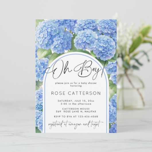 Oh Boy Hydrangea Blue Flowers Baby shower Kaart (Staand voorkant)