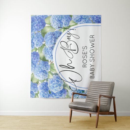 Oh Boy Hydrangea Blue Flowers Baby shower Wandkleed (In situ)