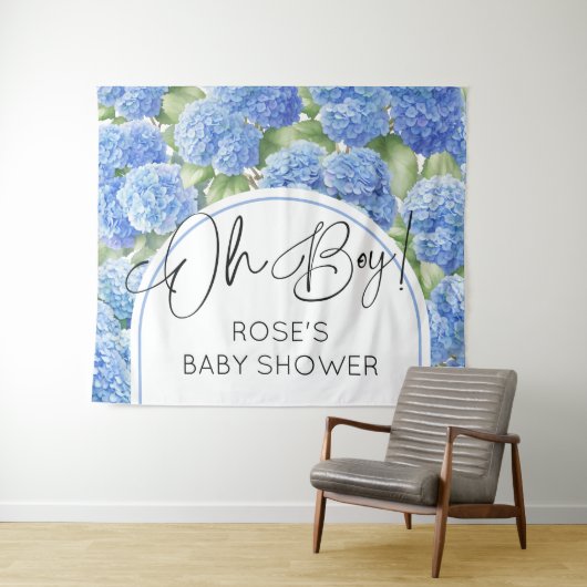 Oh Boy Hydrangea Blue Flowers Baby shower Wandkleed (In Situ (horizontaal))