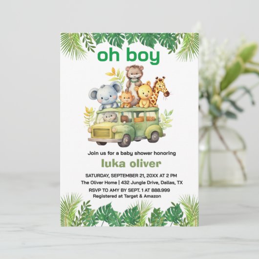Oh Boy Leuk oerwoud Safari Dieren baby shower Kaart (Staand voorkant)