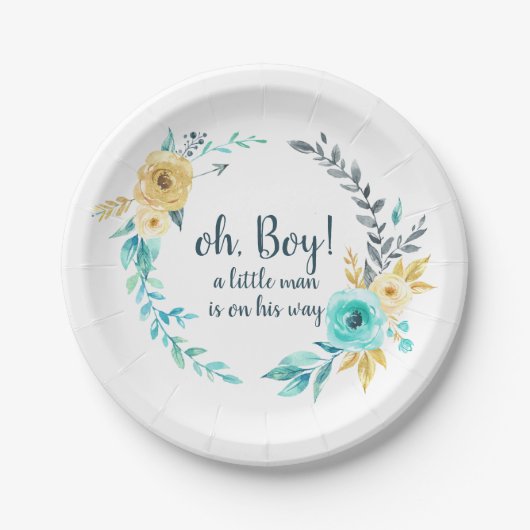 Oh Boy Little Man Baby shower Blauw Grijs Krans Papieren Bordje (Voorkant)