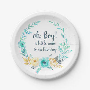 oh Boy Little Man Baby shower Blue Grey Gold Arrow Papieren Bordje