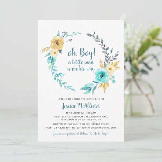 Oh Boy Little Man Baby shower donkergrijs Uitnodig Kaart (Staand voorkant)