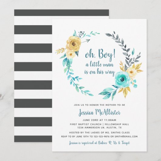 Oh Boy Little Man Baby shower donkergrijs Uitnodig Kaart (Voorkant / Achterkant)