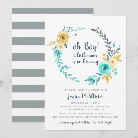 Oh Boy Little Man Baby shower Grey Invitation Kaart (Voorkant / Achterkant)