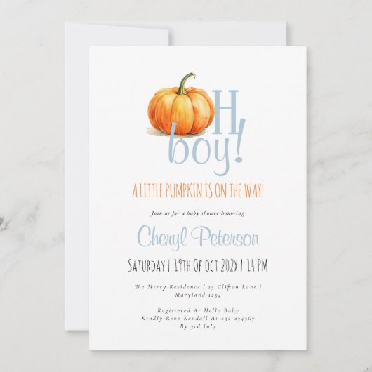 Oh Boy Little Pumpkin Blue Boy Baby shower Kaart (Voorkant)