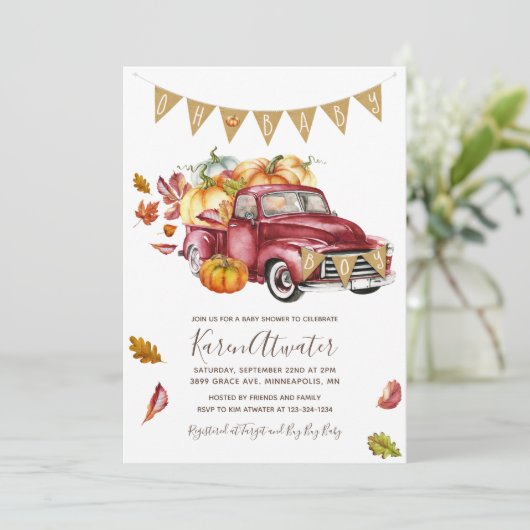 Oh Boy Little Pumpkin Herfst Baby shower Uitnodigi Kaart (Staand voorkant)