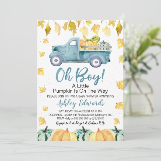 Oh Boy Little Pumpkin Truck Baby shower Kaart (Staand voorkant)