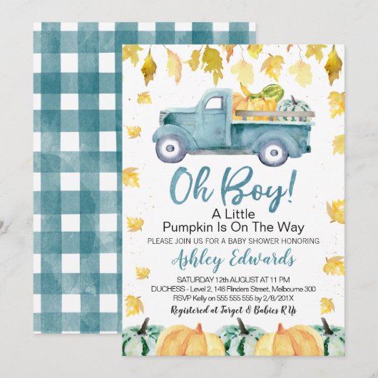Oh Boy Little Pumpkin Truck Baby shower Kaart (Voorkant / Achterkant)