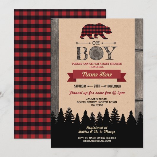 Oh Boy Lumberjack Baby shower Rood Beer Uitnodigen Kaart (Voorkant / Achterkant)