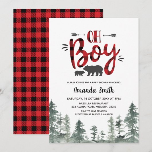 Oh Boy Lumberjack Forest Baby shower Invitation Kaart (Voorkant / Achterkant)