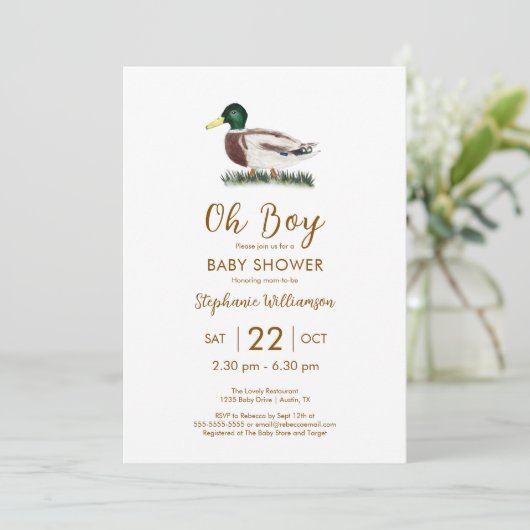Oh Boy Mallard Duck Baby shower QR-code Kaart (Staand voorkant)