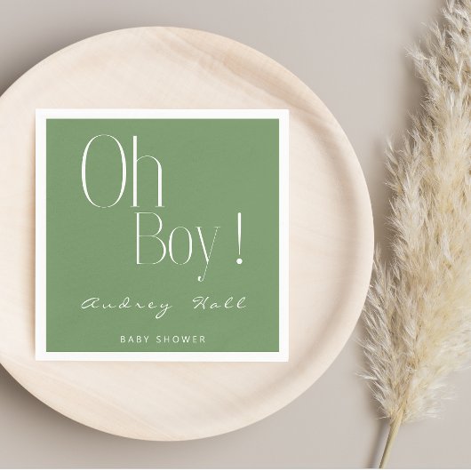 Oh Boy Minimalist Sage Green Modern Baby shower Servet