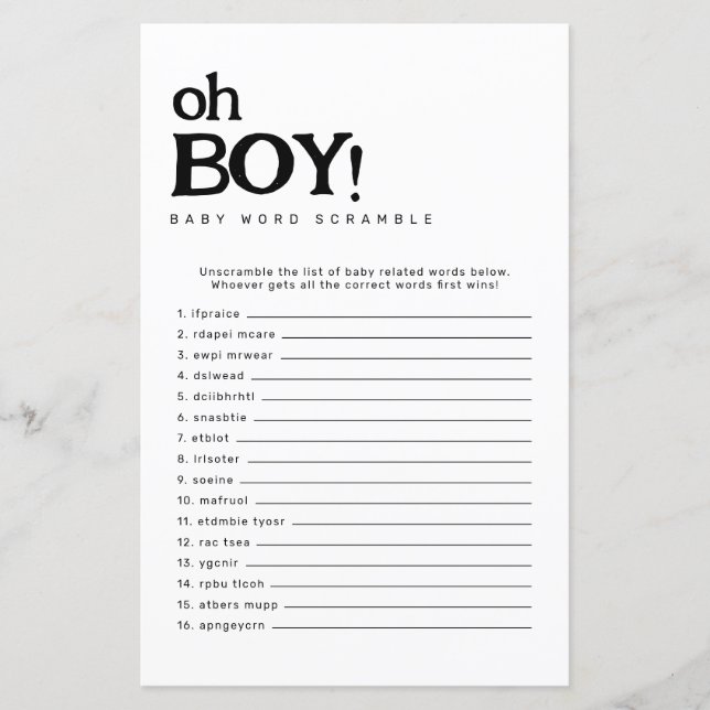 Oh Boy Minimalistisch Woord Scramble Baby shower s (Voorkant)