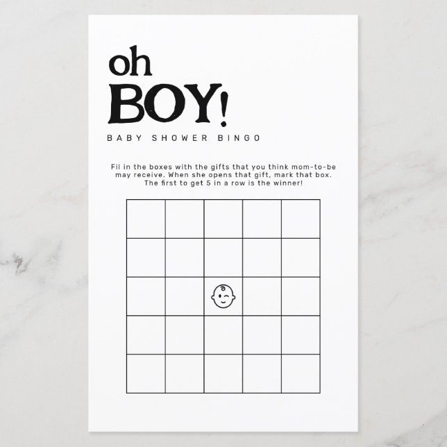 Oh Boy Minimalistische Bingo Baby shower Spel (Voorkant)
