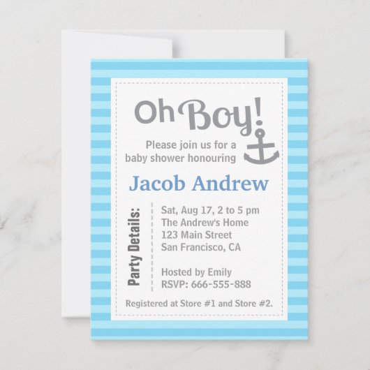 Oh Boy, Modern, Anker, Baby shower Invitation Kaart (Voorkant)