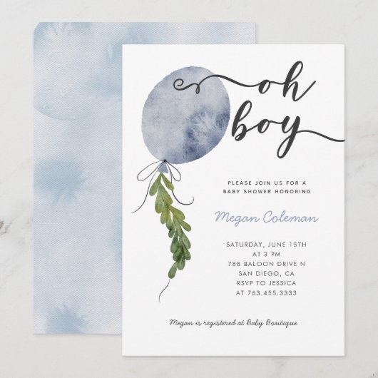 Oh Boy Modern Blue Ballon Baby shower Kaart (Voorkant / Achterkant)