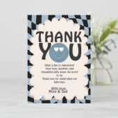 Oh Boy! Modern Groovy Blue Happy Face Baby Shower Bedankkaart (Staand voorkant)