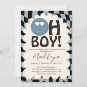 Oh Boy! Modern Groovy Blue Happy Face Baby Shower Kaart (Voorkant)