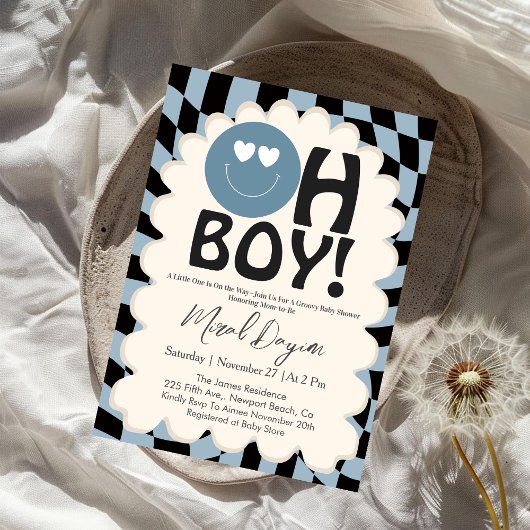Oh Boy! Modern Groovy Blue Happy Face Baby Shower Kaart