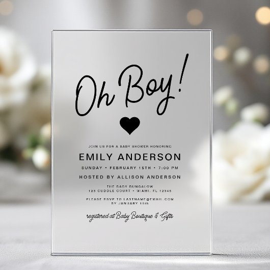 Oh Boy Modern Minimalistisch Eenvoudig Baby shower Acryl Uitnodigingen