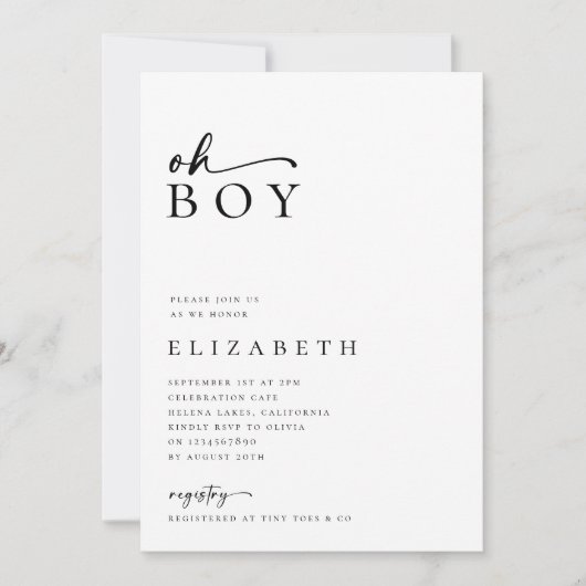 Oh Boy Modern Minimalistisch Script Baby shower Kaart (Voorkant)