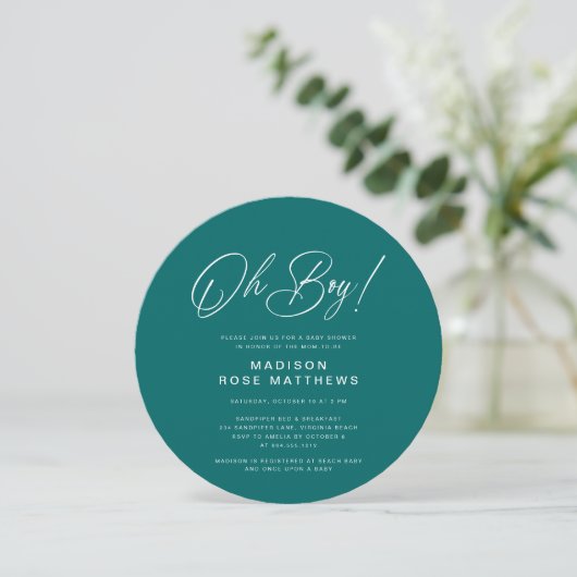 Oh Boy Modern Round Script Teal Baby Shower Kaart (Staand voorkant)