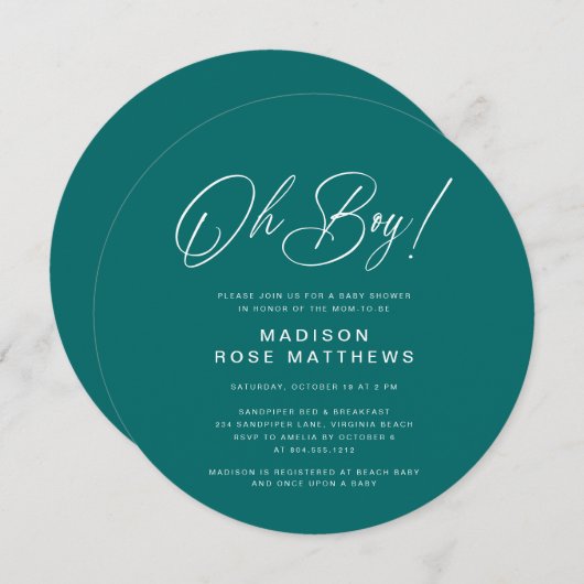 Oh Boy Modern Round  Script Teal  Baby Shower   Kaart (Voorkant / Achterkant)