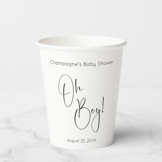 Oh Boy Modern Script Baby shower Papieren Bekers (Achterkant)