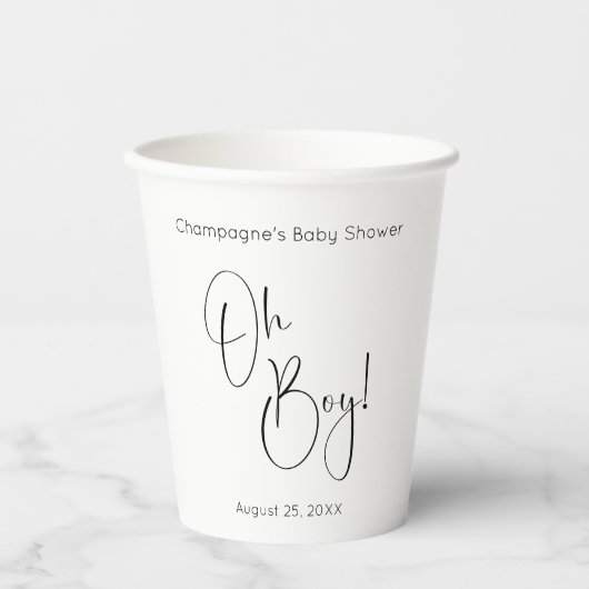 Oh Boy Modern Script Baby shower Papieren Bekers (Voorkant)