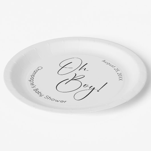 Oh Boy Modern Script Baby shower Papieren Bordje (Gekanteld)