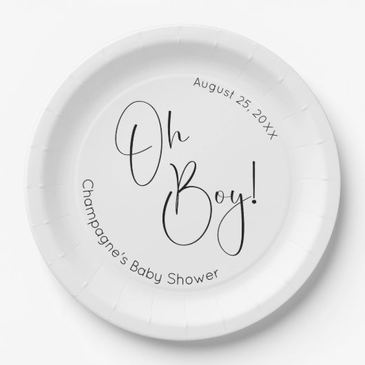 Oh Boy Modern Script Baby shower Papieren Bordje (Voorkant)