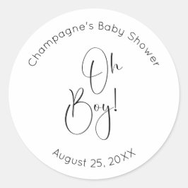 Oh Boy Modern Script Baby shower Ronde Sticker