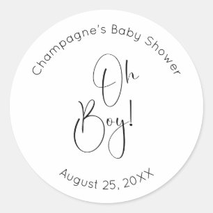 Oh Boy Modern Script Baby shower Ronde Sticker