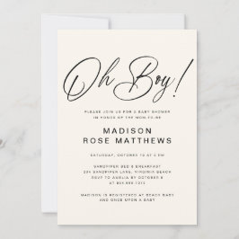 Oh Boy Modern Script Dusty Blue Baby Shower  Invit Kaart