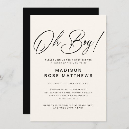 Oh Boy Modern Script Dusty Blue Baby Shower  Invit Kaart (Voorkant / Achterkant)