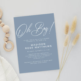 Oh Boy Modern Script Dusty Blue Baby shower Kaart