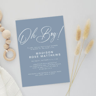 Oh Boy Modern Script Dusty Blue Baby shower Kaart